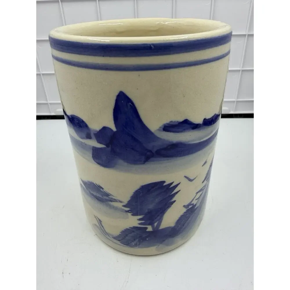 Antique Chinese Blue and White Porcelain Brush Pot, 5.5”, Landscape Scene Trees